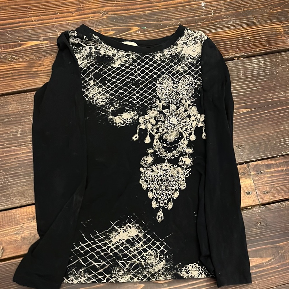 black long sleeve top gold and rhinestone detailing
